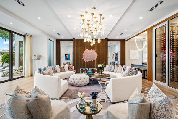 Interior, Living room, Pendant Lights, Recessed Lighting, Wine Storage, Wood Texture Flooring, Wooden Walls