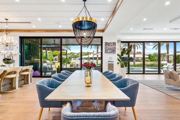 Chandelier, Dining room, Interior, Pendant Lights, Recessed Lighting, Wood Texture Flooring