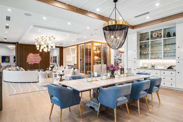 Chandelier, Dining room, Interior, Living room, Pendant Lights, Recessed Lighting, Wine Storage, Wood Texture Flooring