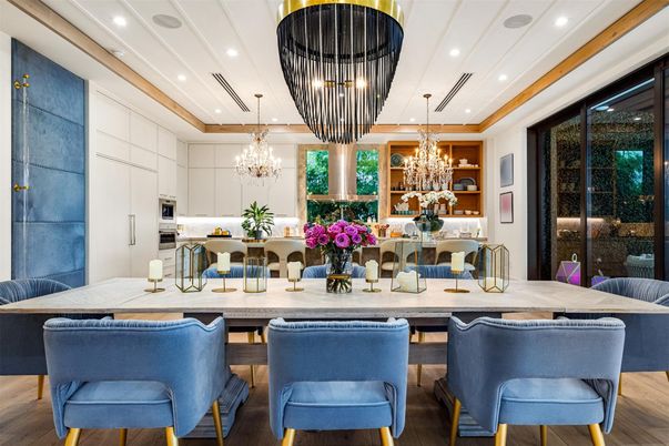 Chandelier, Dining room, Interior, Kitchen, Recessed Lighting, Stainless Steel Appliances, Wood Texture Flooring