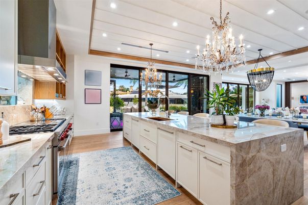 Chandelier, Interior, Kitchen, Pendant Lights, Recessed Lighting, Stainless Steel Appliances, Wood Texture Flooring