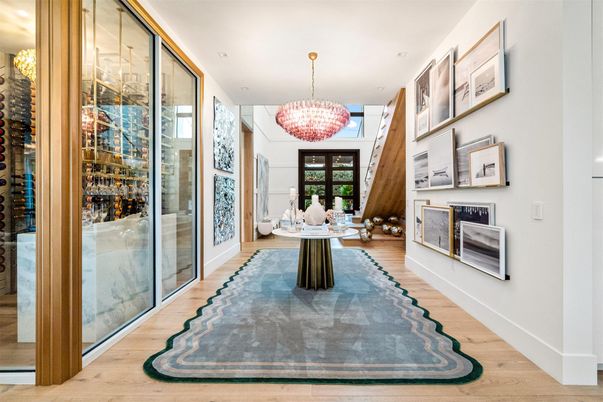Chandelier, Interior, Recessed Lighting, Wine Storage, Wood Texture Flooring