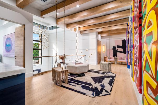 Interior, Living room, Pendant Lights, Recessed Lighting, Wooden Beams, Wood Texture Flooring