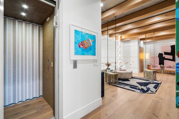 Interior, Living room, Pendant Lights, Recessed Lighting, Wooden Beams, Wood Texture Flooring