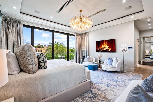 Bedroom, Chandelier, Fireplace, Interior, Recessed Lighting, Wood Texture Flooring