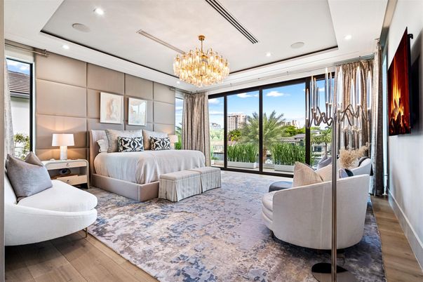 Bedroom, Chandelier, Interior, Recessed Lighting, Wood Texture Flooring