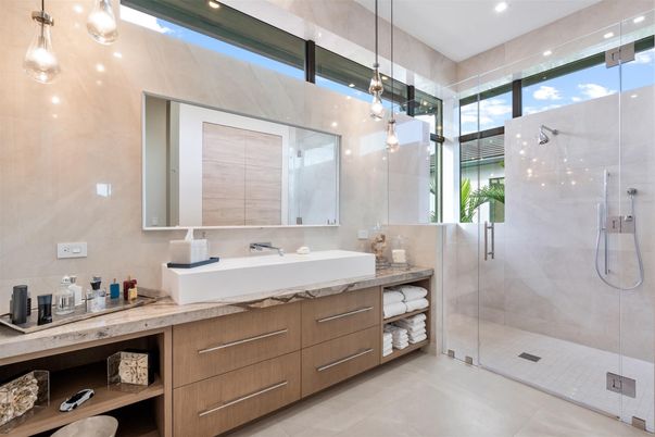 Bathroom, Dual Sink Vanities, Glass Shower, Interior, Recessed Lighting