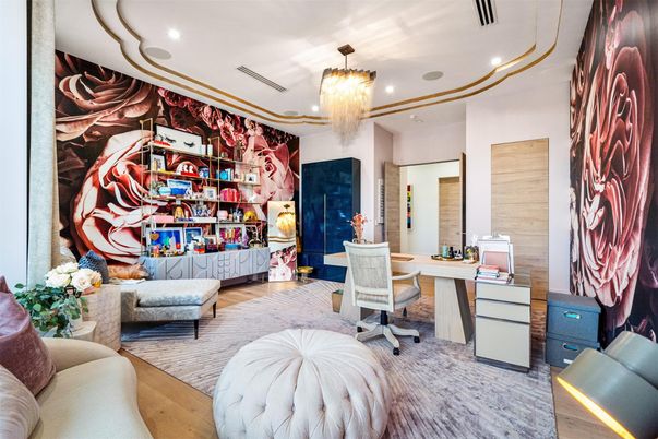 Chandelier, Home Office, Interior, Recessed Lighting, Wood Texture Flooring