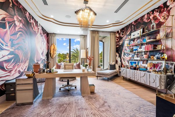 Chandelier, Home Office, Interior, Recessed Lighting, Wood Texture Flooring