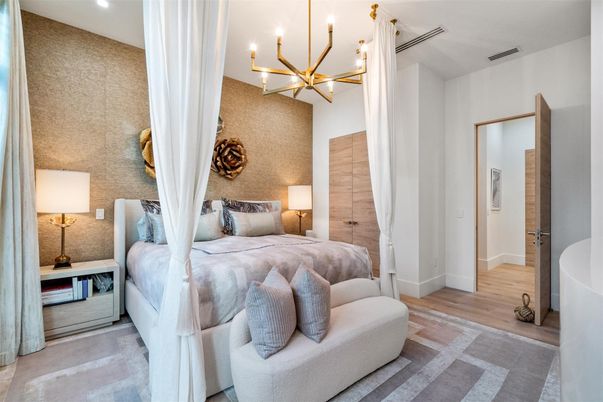 Bedroom, Interior, Pendant Lights, Recessed Lighting, Wood Texture Flooring