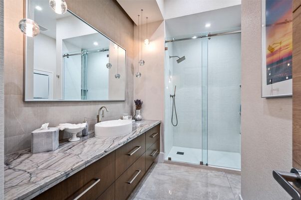 Bathroom, Dual Sink Vanities, Glass Shower, Interior, Pendant Lights, Recessed Lighting