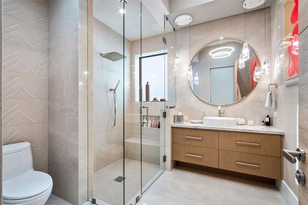 Bathroom, Glass Shower, Interior, Pendant Lights