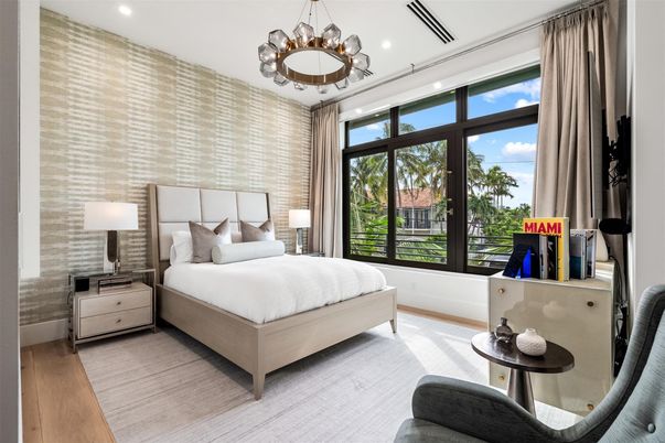 Bedroom, Chandelier, Interior, Recessed Lighting, Wood Texture Flooring
