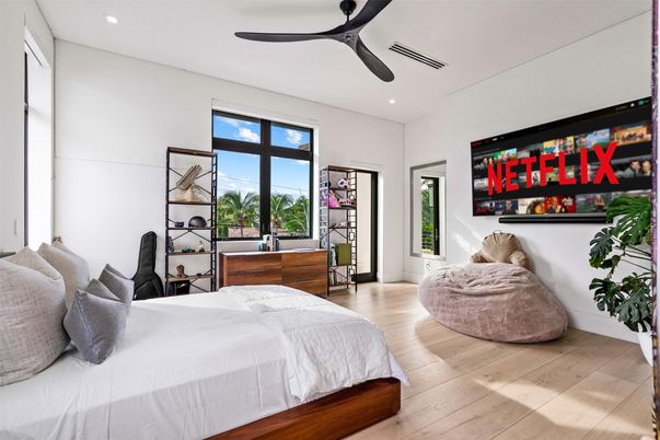 Bedroom, Interior, Recessed Lighting, Wood Texture Flooring