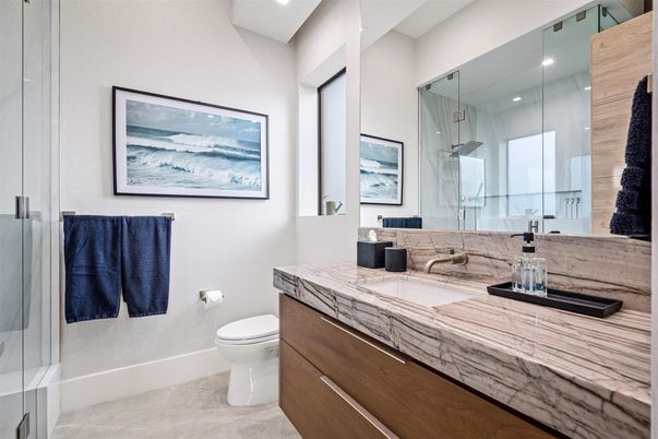Bathroom, Glass Shower, Interior, Recessed Lighting, Tile Countertops