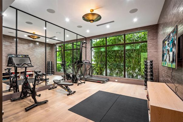Fitness Equipment, Interior, Recessed Lighting, Stone Walls, Wood Texture Flooring