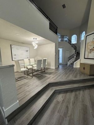 Dining room, Interior, Pendant Lights, Wood Texture Flooring