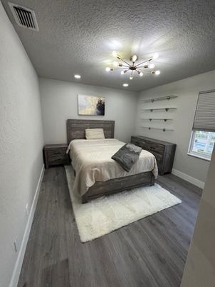 Bedroom, Interior, Pendant Lights, Recessed Lighting, Wood Texture Flooring