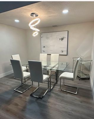 Dining room, Interior, Pendant Lights, Recessed Lighting, Wood Texture Flooring
