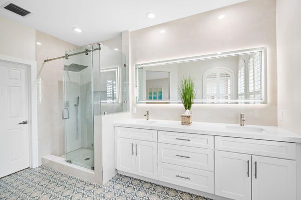 Bathroom, Dual Sink Vanities, Glass Shower, Interior, Recessed Lighting