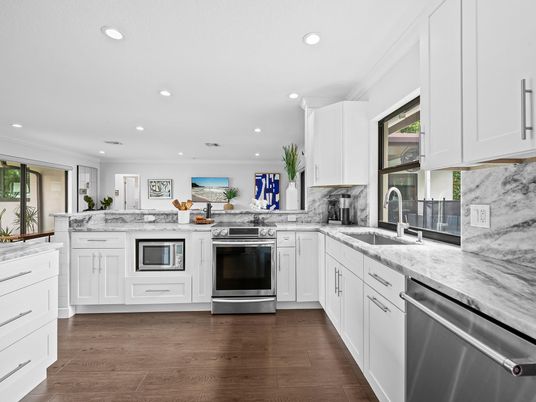 Interior, Kitchen, Recessed Lighting, Stainless Steel Appliances, Wood Texture Flooring