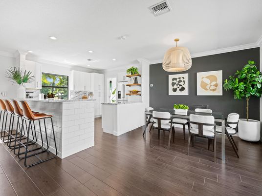 Dining room, Interior, Kitchen, Pendant Lights, Recessed Lighting, Wood Texture Flooring
