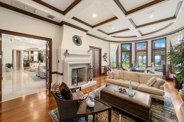 Chandelier, Fireplace, Interior, Living room, Recessed Lighting, Wood Texture Flooring