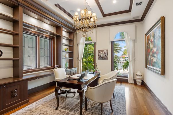 Chandelier, Home Office, Interior, Recessed Lighting, Wood Texture Flooring