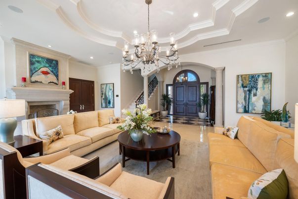 Chandelier, Fireplace, Interior, Living room, Recessed Lighting