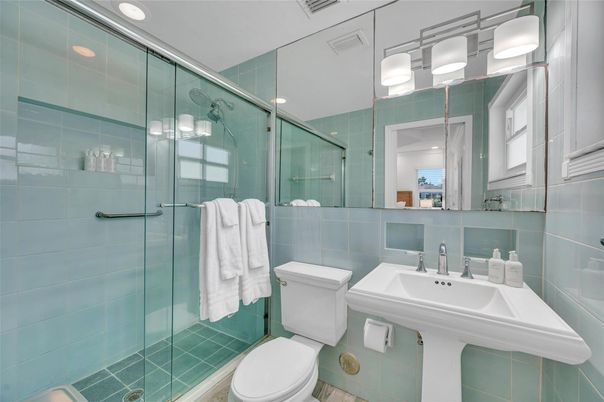 Bathroom, Glass Shower, Interior, Recessed Lighting