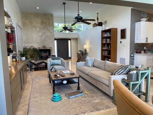 Fireplace, Interior, Living room, Recessed Lighting, Stone Walls
