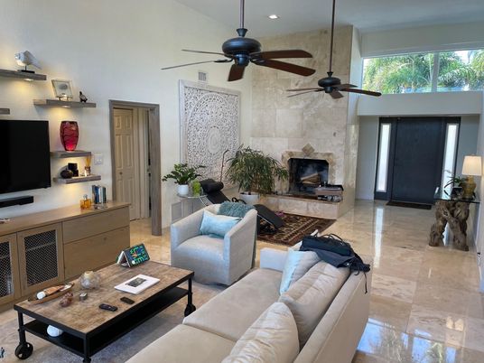 Fireplace, Interior, Living room, Recessed Lighting, Stone Walls