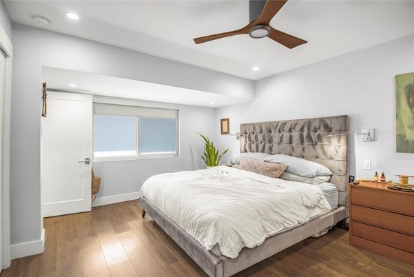 Bedroom, Interior, Recessed Lighting, Wood Texture Flooring