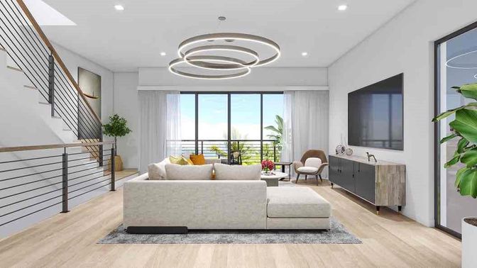 Interior, Living room, Pendant Lights, Recessed Lighting, Wood Texture Flooring