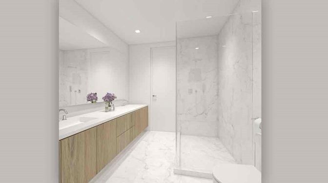 Bathroom, Dual Sink Vanities, Glass Shower, Interior, Marble, Marble Walls, Recessed Lighting