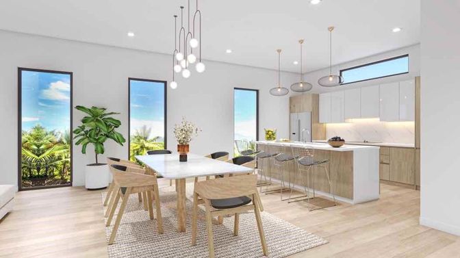 Dining room, Interior, Kitchen, Pendant Lights, Recessed Lighting, Stainless Steel Appliances, Wood Texture Flooring