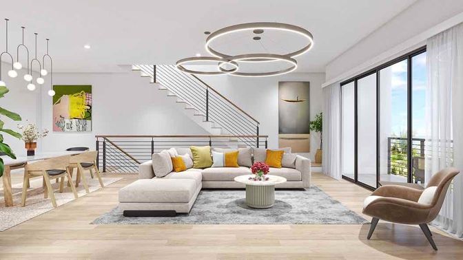 Dining room, Interior, Living room, Pendant Lights, Recessed Lighting, Wood Texture Flooring