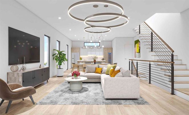 Interior, Kitchen, Living room, Pendant Lights, Recessed Lighting, Wood Texture Flooring