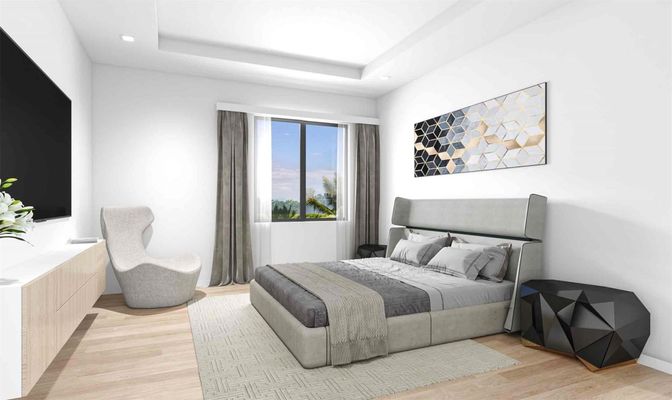 Bedroom, Interior, Recessed Lighting, Wood Texture Flooring