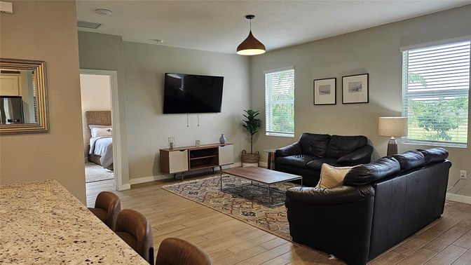 Bedroom, Interior, Living room, Pendant Lights, Wood Texture Flooring