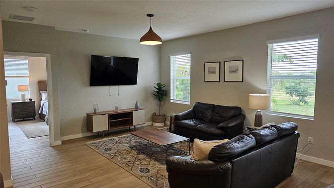 Interior, Living room, Pendant Lights, Wood Texture Flooring
