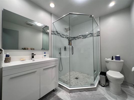 Bathroom, Glass Shower, Interior, Recessed Lighting, Wood Texture Flooring