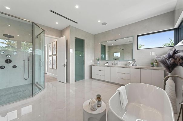 Bathroom, Dual Sink Vanities, Free Standing Baths, Glass Shower, Interior, Recessed Lighting