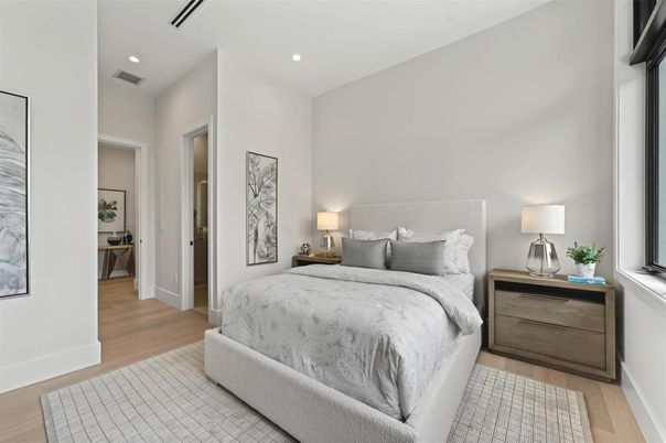 Bedroom, Interior, Recessed Lighting, Wood Texture Flooring