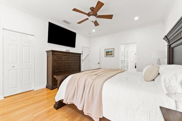 Bedroom, Interior, Recessed Lighting, Wood Texture Flooring