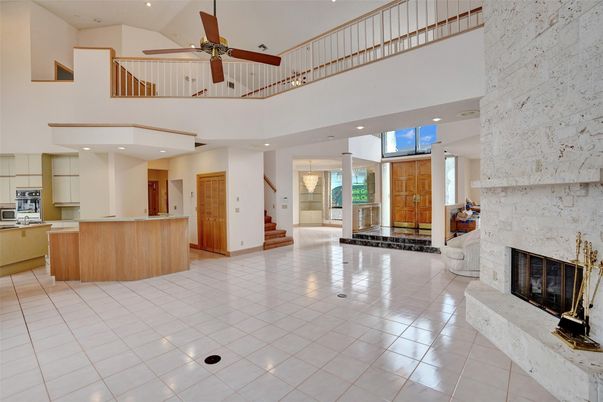 Fireplace, Interior, Kitchen, Recessed Lighting, Stone Walls