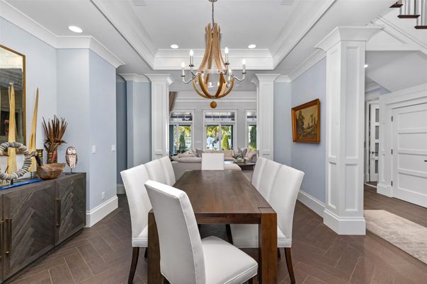 Chandelier, Dining room, Interior, Recessed Lighting, Wood Texture Flooring