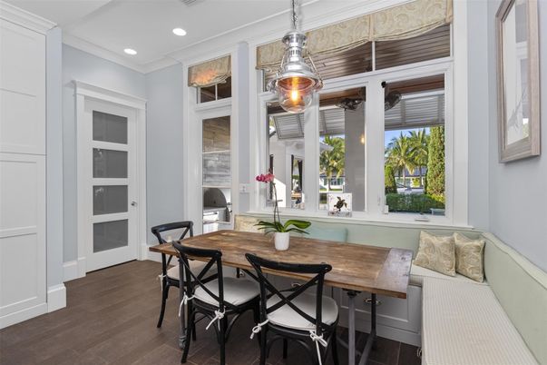 Dining room, Interior, Pendant Lights, Recessed Lighting, Wood Texture Flooring