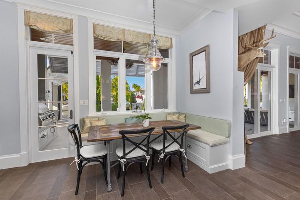 Dining room, Interior, Pendant Lights, Wood Texture Flooring