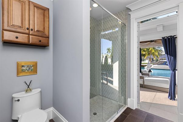 Bathroom, Glass Shower, Interior, Recessed Lighting, Water
